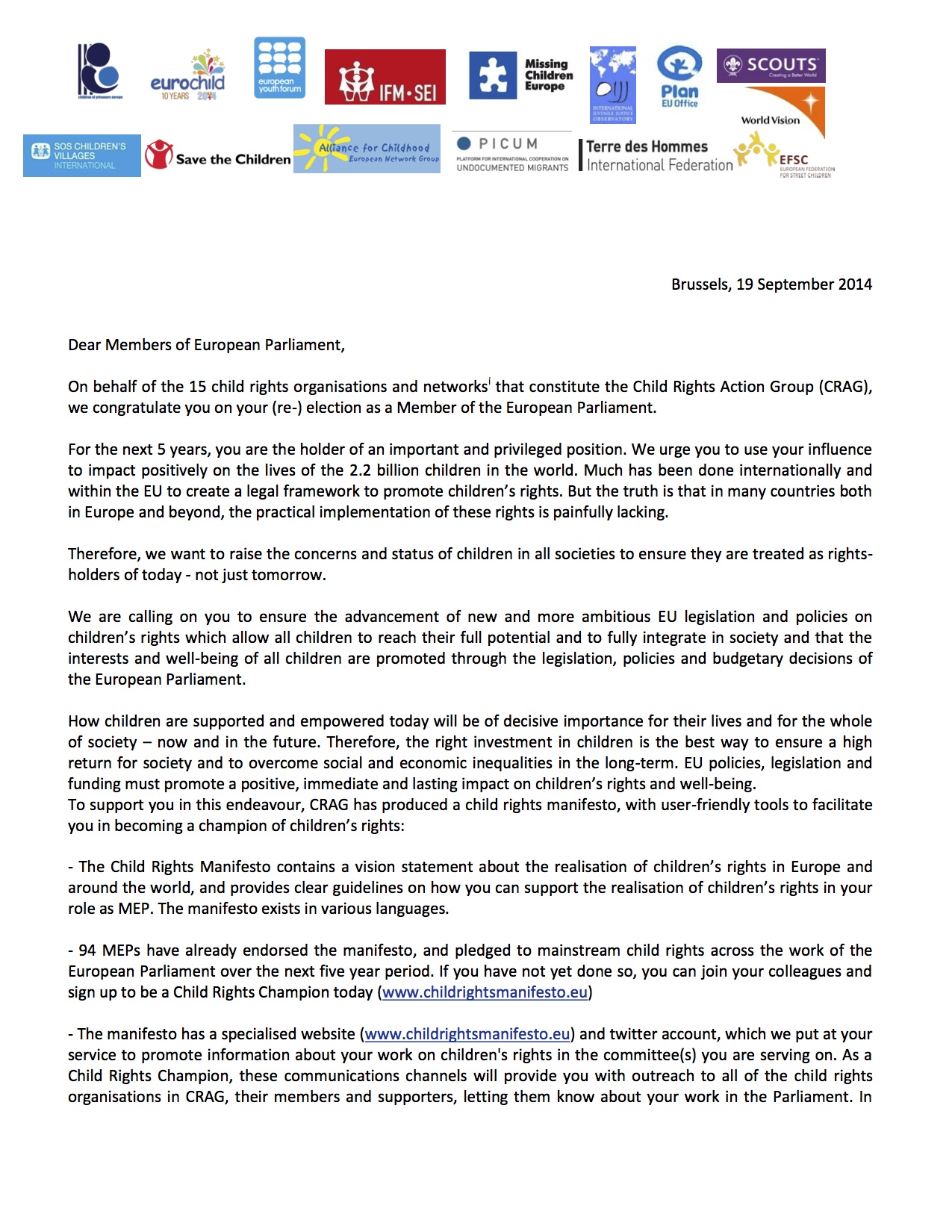 Letter MEPs